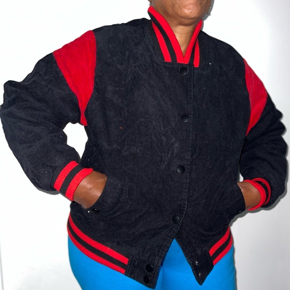 RED AND BLACK CORDUROY VARSITY JACKET - Picture 5 of 9